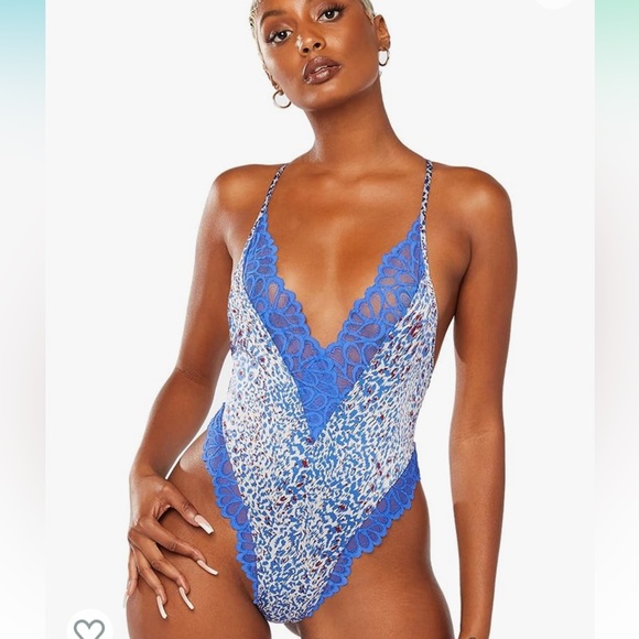 Savage x Fenty Savage Not Sorry Lace Leopard Blue Cyber Cafe Print Teddy - Picture 8 of 17